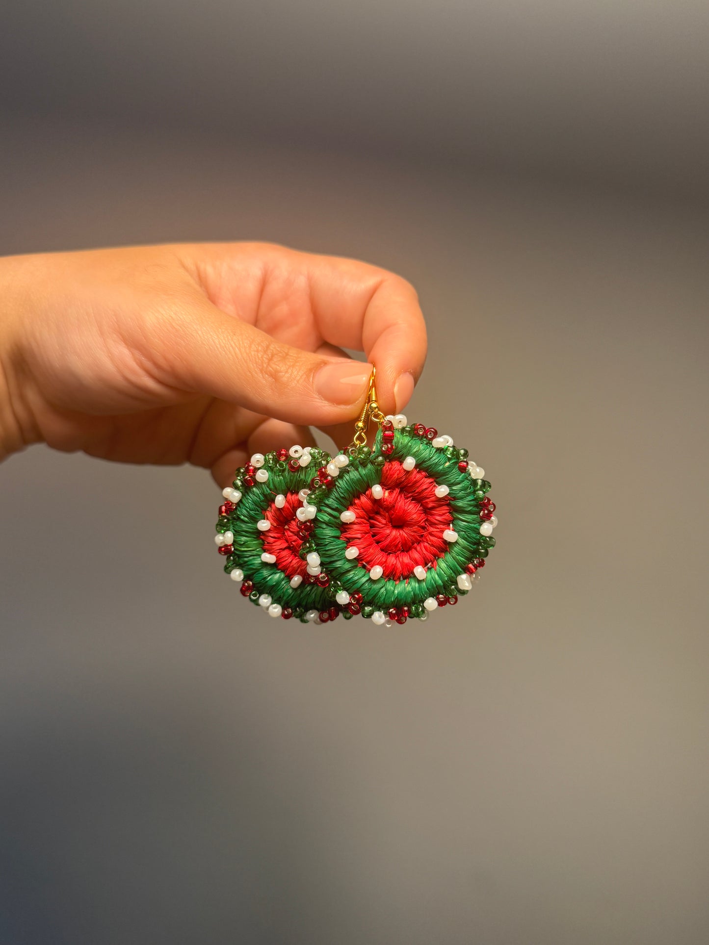 Regular Christmas Beaded Woven Earrings (Green/Red)