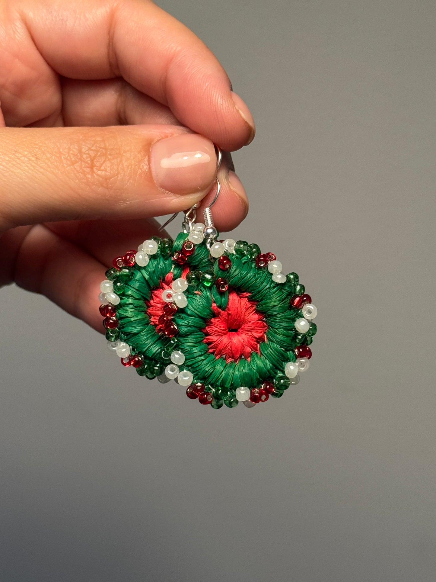 Mini Christmas Beaded Woven Earrings (Green/Red)