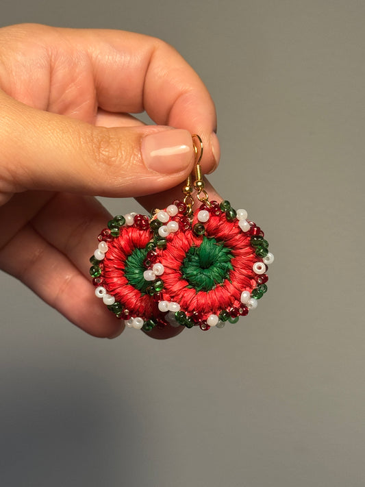 Mini Christmas Beaded Woven Earrings (Red/Green)
