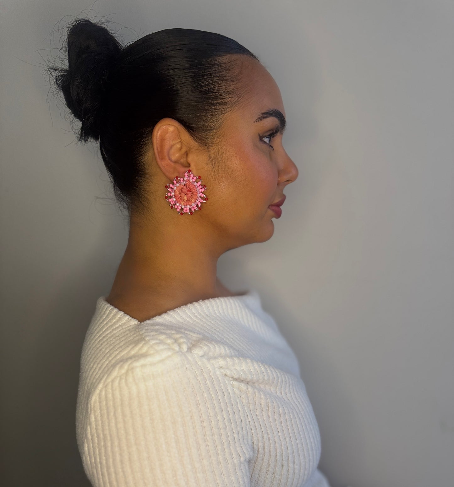 Pink & Red Beaded Woven Mini Earrings
