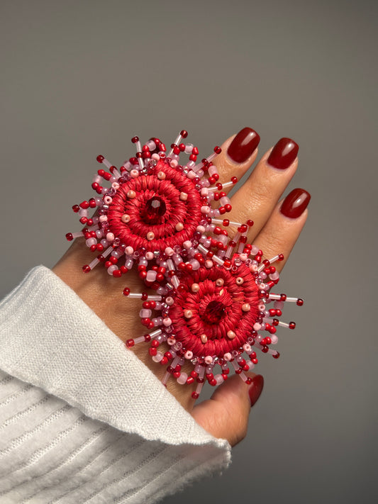 Red & Pink Beaded Woven Regular Earrings