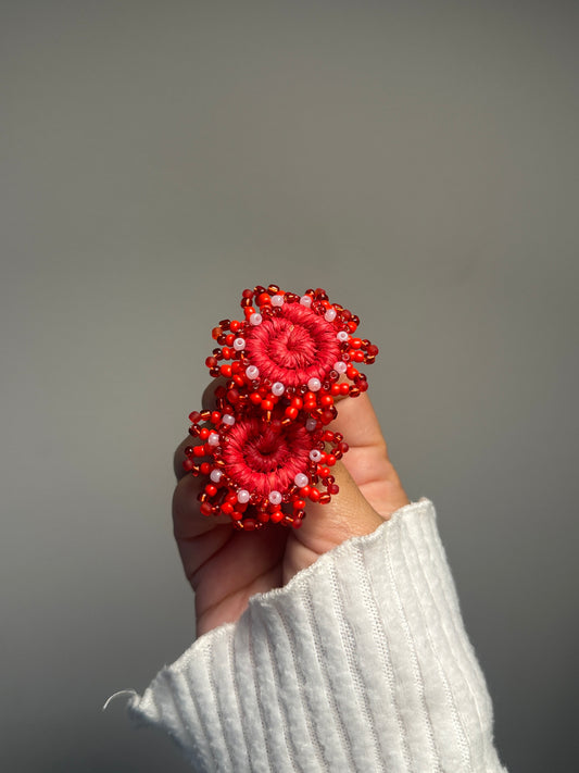 Red & Pink Beaded Mini Woven Earrings