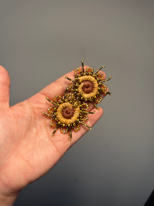 Brown & Ochre Beaded Mini Woven Earrings